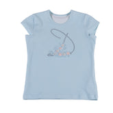 A blue short-sleeved DAGA brand t-shirt with embroidered letter 'D' and small raised felt floral details.